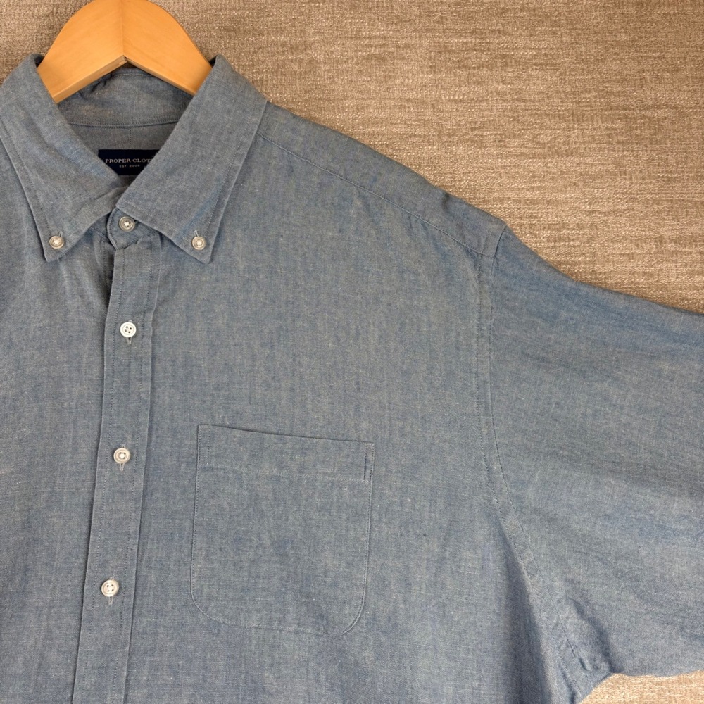 Proper Cloth Mens Blue Cotton Chambray Button Down Long Sleeve Shirt XL 26.5x31
